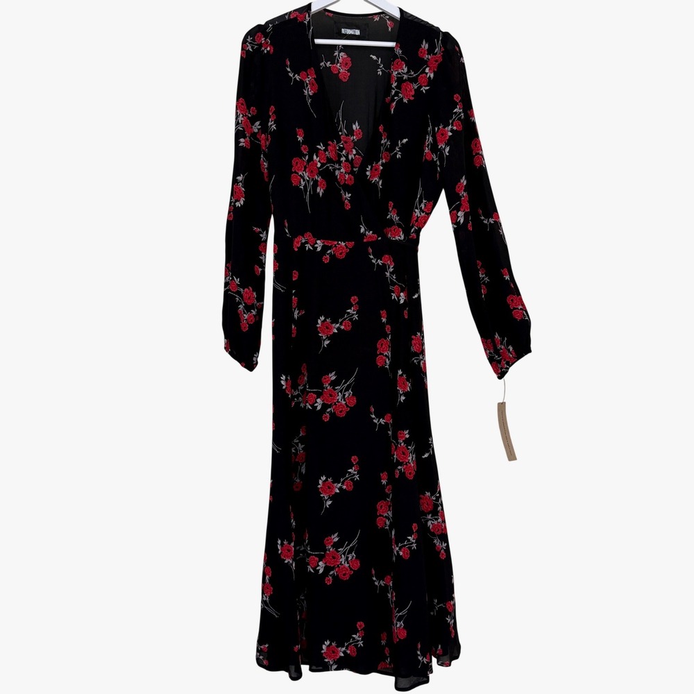 Reformation Womens Nicole Wrap Floral Midi Dress Long Sleeve Size L Boho Cottage - Picture 3 of 10